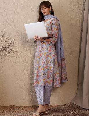 Women Floral Printed Regular Thread Work Pure Cotton Kurta with Salwar & With Dupatta 6
