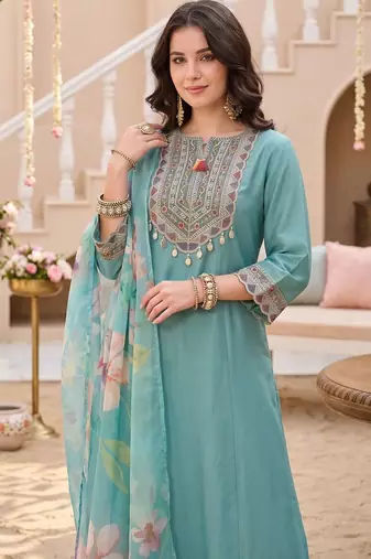 Women Ethnic Motifs Embroidered Regular Thread Work Kurta with Trousers & With Dupatta
