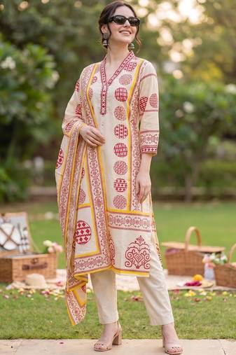 Women Ethnic Motifs Printed Regular Pure Cotton Kurta with Trousers & With Dupatta