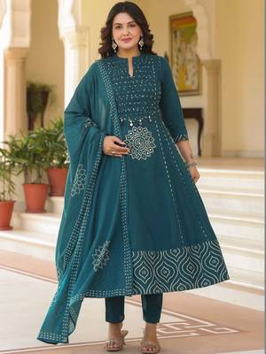 Women Ethnic Motifs Printed Empire Mirror Work Pure Cotton Kurta with Trousers & With Dupatta 1