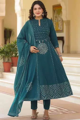 Women Ethnic Motifs Printed Empire Mirror Work Pure Cotton Kurta with Trousers & With Dupatta