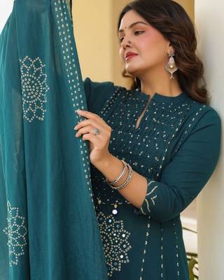 Women Ethnic Motifs Printed Empire Mirror Work Pure Cotton Kurta with Trousers & With Dupatta 2