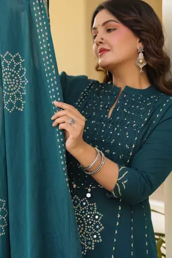 Women Ethnic Motifs Printed Empire Mirror Work Pure Cotton Kurta with Trousers & With Dupatta