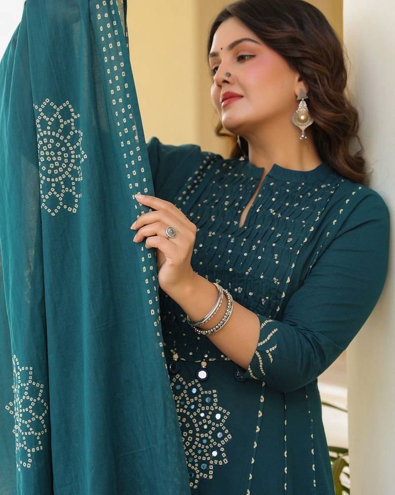 Women Ethnic Motifs Printed Empire Mirror Work Pure Cotton Kurta with Trousers & With Dupatta