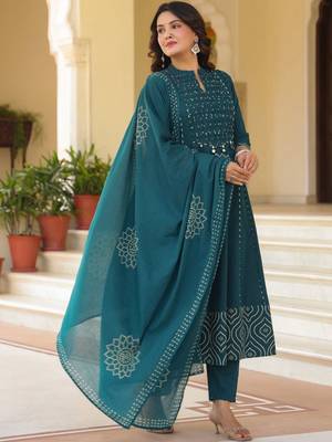 Women Ethnic Motifs Printed Empire Mirror Work Pure Cotton Kurta with Trousers & With Dupatta 4