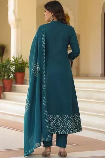 Women Ethnic Motifs Printed Empire Mirror Work Pure Cotton Kurta with Trousers & With Dupatta