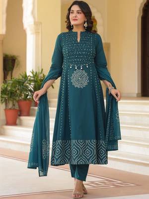 Women Ethnic Motifs Printed Empire Mirror Work Pure Cotton Kurta with Trousers & With Dupatta 6