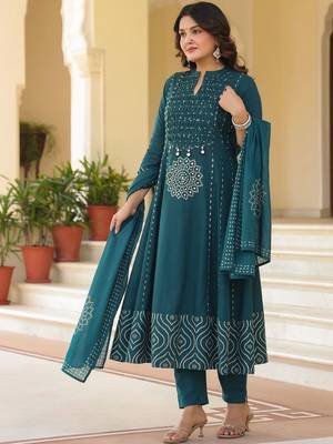 Women Ethnic Motifs Printed Empire Mirror Work Pure Cotton Kurta with Trousers & With Dupatta 7