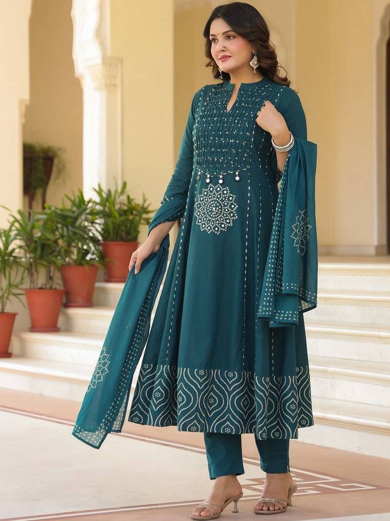 Women Ethnic Motifs Printed Empire Mirror Work Pure Cotton Kurta with Trousers & With Dupatta