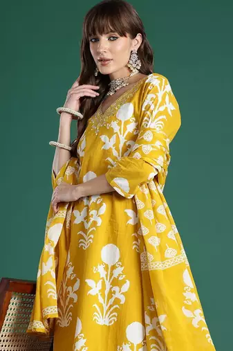Floral Printed Mirror Work Pure Cotton Kurta with Trousers & With Dupatta