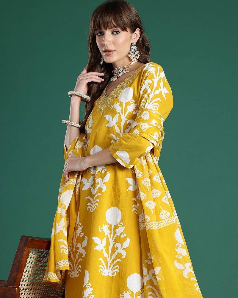 Floral Printed Mirror Work Pure Cotton Kurta with Trousers & With Dupatta