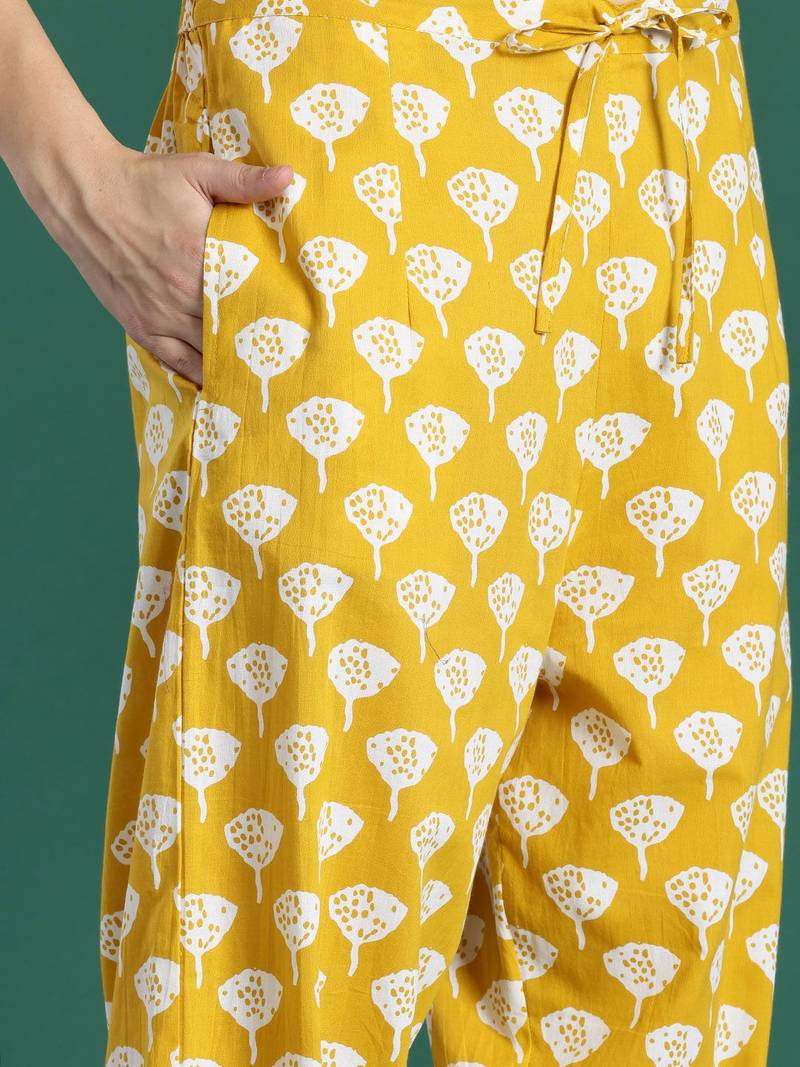 Floral Printed Mirror Work Pure Cotton Kurta with Trousers & With Dupatta