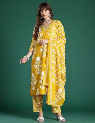 Floral Printed Mirror Work Pure Cotton Kurta with Trousers & With Dupatta 1