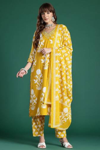 Floral Printed Mirror Work Pure Cotton Kurta with Trousers & With Dupatta
