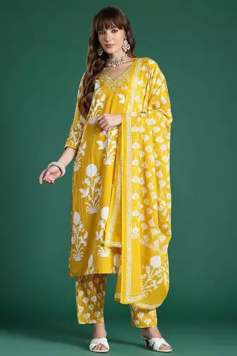 Floral Printed Mirror Work Pure Cotton Kurta with Trousers & With Dupatta