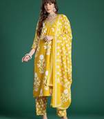 Floral Printed Mirror Work Pure Cotton Kurta with Trousers & With Dupatta