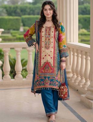 Women Ethnic Motifs Printed Regular Mirror Work Kurta with Palazzos & With Dupatta 1