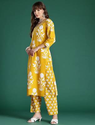 Floral Printed Mirror Work Pure Cotton Kurta with Trousers & With Dupatta 6