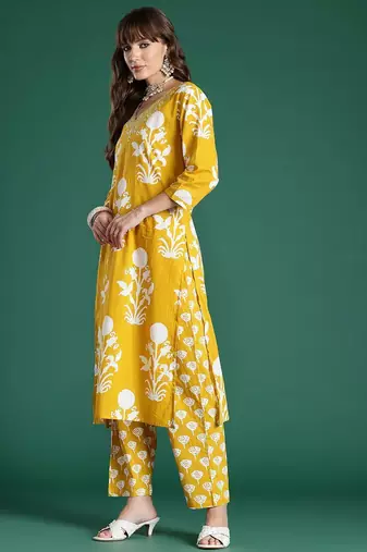 Floral Printed Mirror Work Pure Cotton Kurta with Trousers & With Dupatta