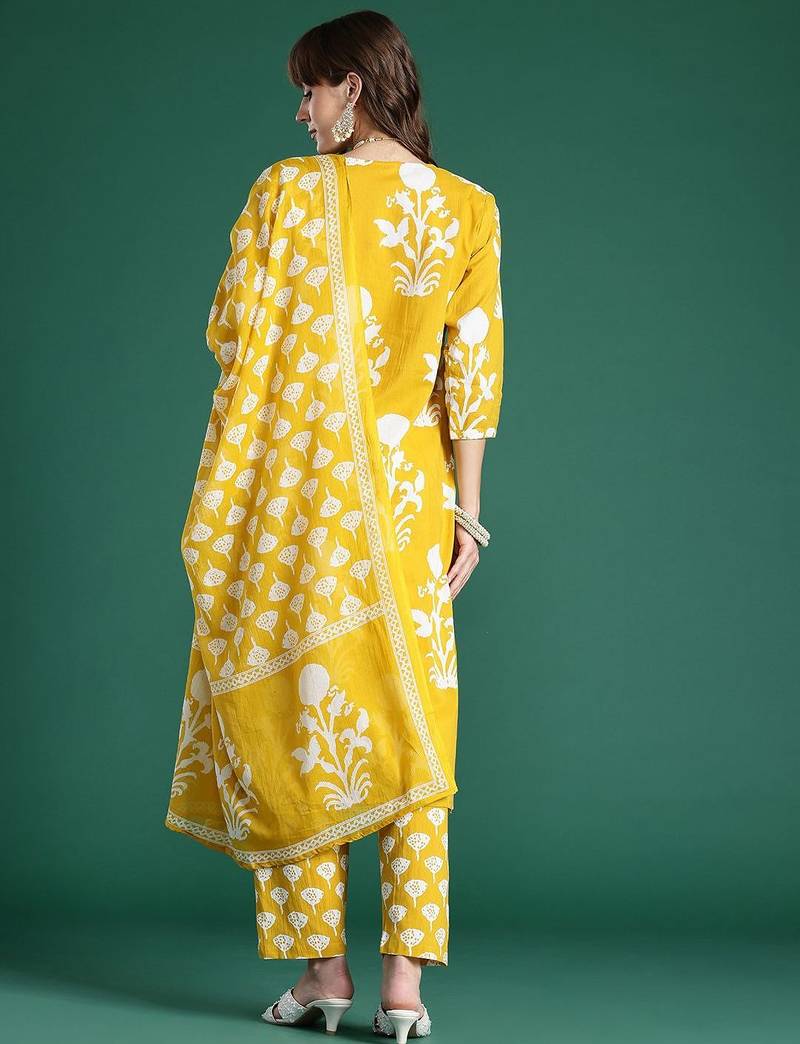 Floral Printed Mirror Work Pure Cotton Kurta with Trousers & With Dupatta