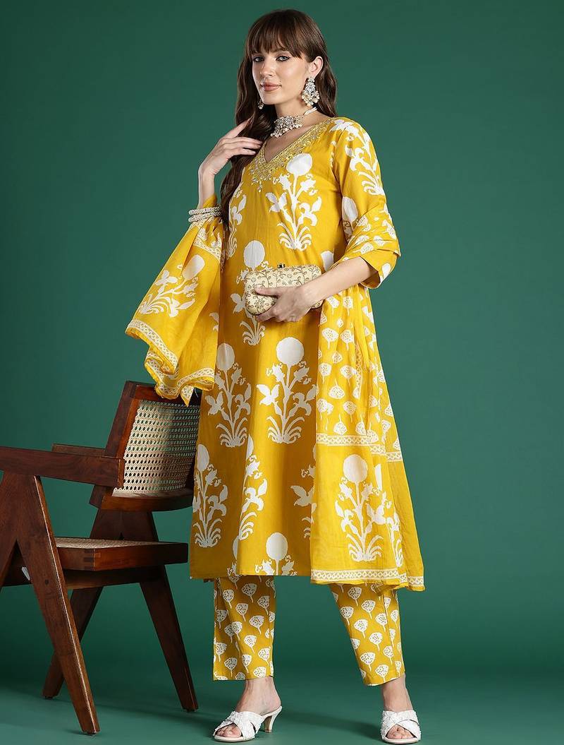 Floral Printed Mirror Work Pure Cotton Kurta with Trousers & With Dupatta
