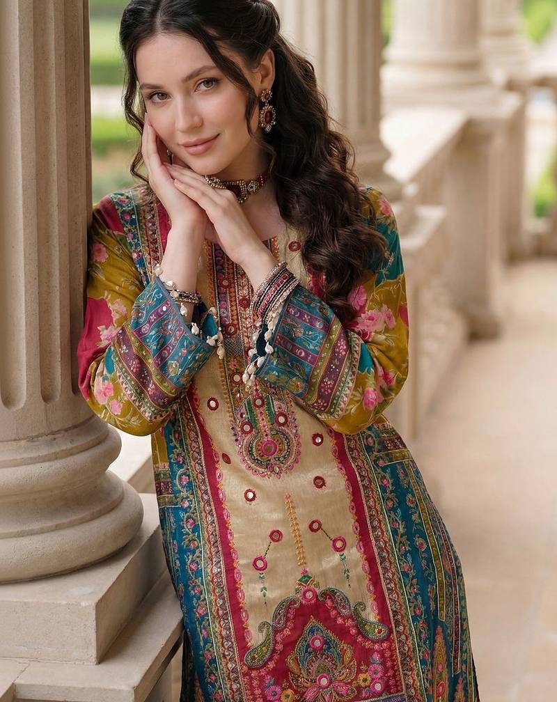 Women Ethnic Motifs Printed Regular Mirror Work Kurta with Palazzos & With Dupatta