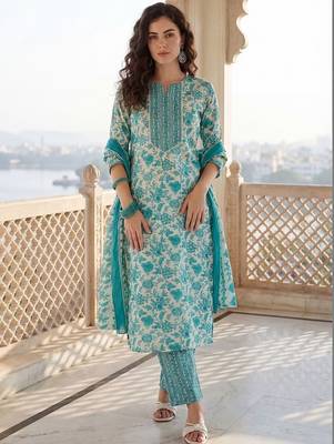 Women Floral Printed Regular Beads and Stones Kurta with Trousers & With Dupatta 2