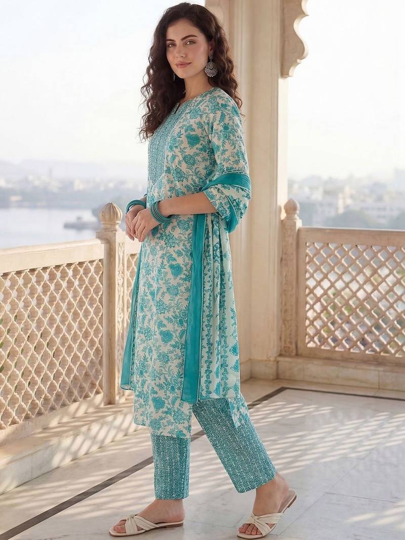 Women Floral Printed Regular Beads and Stones Kurta with Trousers & With Dupatta