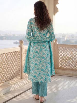 Women Floral Printed Regular Beads and Stones Kurta with Trousers & With Dupatta 5