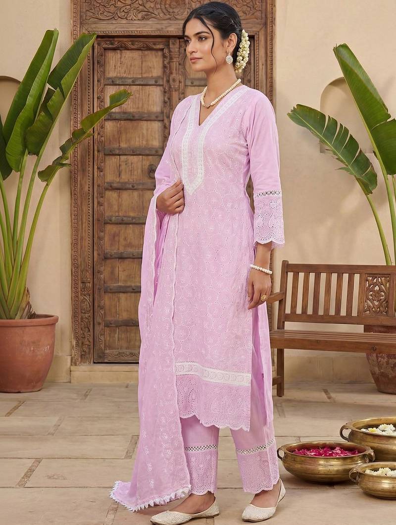 Women Ethnic Motifs Embroidered Regular Thread Work Pure Cotton Kurta with Trousers & With Dupatta