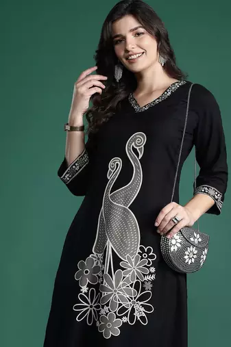 Printed Beads and Stones Detail Kurta with Trousers