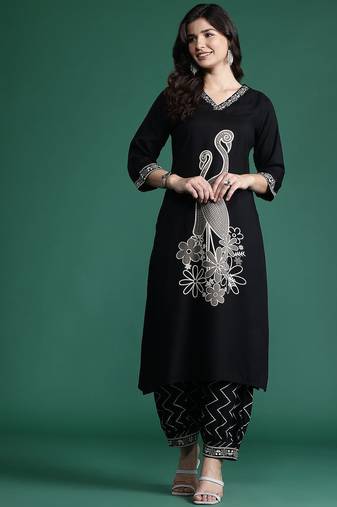 Printed Beads and Stones Detail Kurta with Trousers