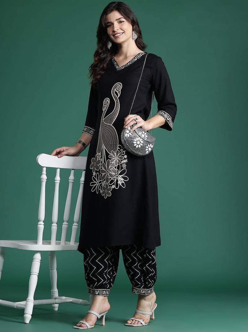 Printed Beads and Stones Detail Kurta with Trousers