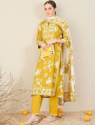 Women Floral Printed Regular Pure Cotton Kurta with Trousers & With Dupatta 1