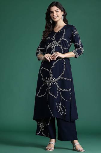 Floral Printed Mirror Work Kurta with Trousers