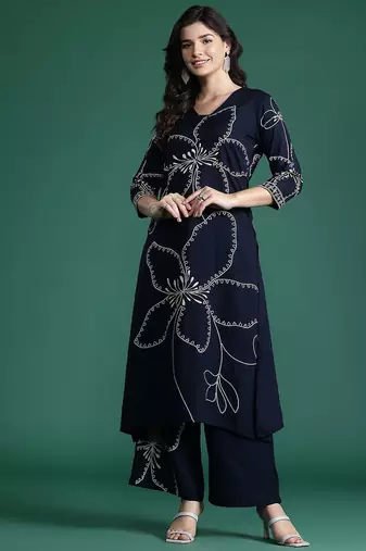 Floral Printed Mirror Work Kurta with Trousers