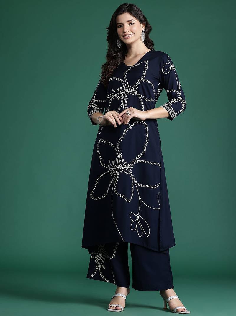 Floral Printed Mirror Work Kurta with Trousers