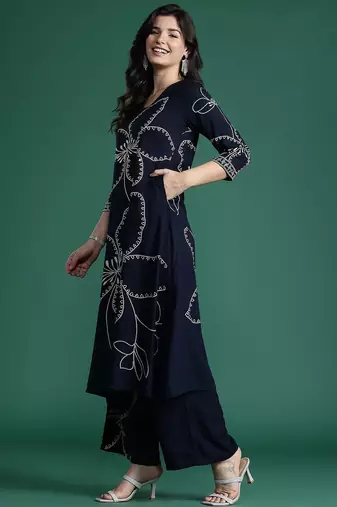 Floral Printed Mirror Work Kurta with Trousers