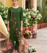 Floral Embroidered Regular Thread Work Straight Kurta with Trousers & Dupatta