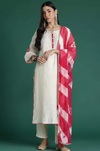 Ethnic Motifs Yoke Design Zari Kurta with Trousers & Dupatta