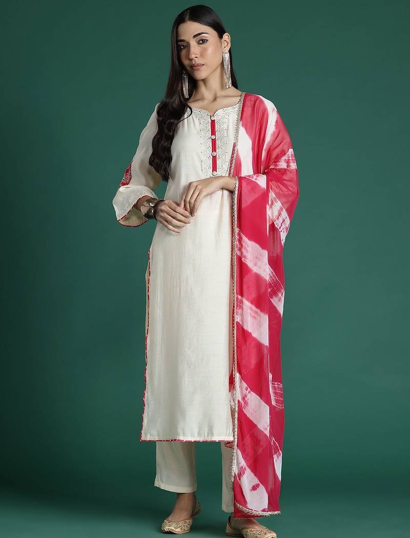 Ethnic Motifs Yoke Design Zari Kurta with Trousers & Dupatta