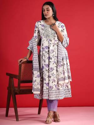Floral Empire Sequinned Pure Cotton A-Line Kurta with Trousers & Dupatta 1