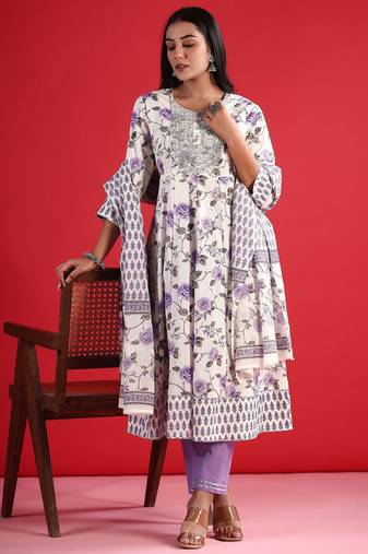 Floral Empire Sequinned Pure Cotton A-Line Kurta with Trousers & Dupatta