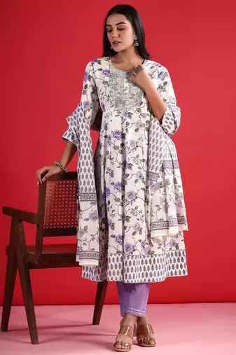 Floral Empire Sequinned Pure Cotton A-Line Kurta with Trousers & Dupatta