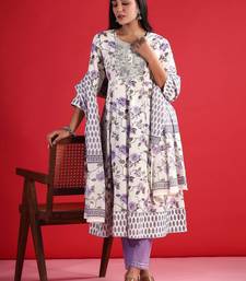 Floral Empire Sequinned Pure Cotton A-Line Kurta with Trousers & Dupatta