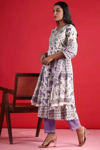 Floral Empire Sequinned Pure Cotton A-Line Kurta with Trousers & Dupatta