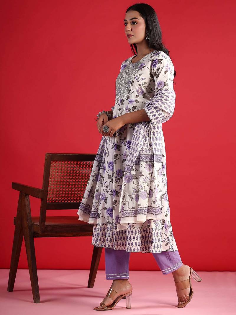 Floral Empire Sequinned Pure Cotton A-Line Kurta with Trousers & Dupatta