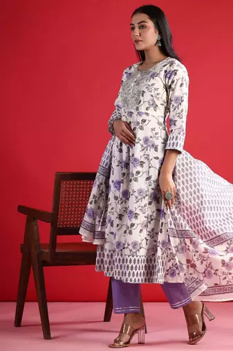Floral Empire Sequinned Pure Cotton A-Line Kurta with Trousers & Dupatta