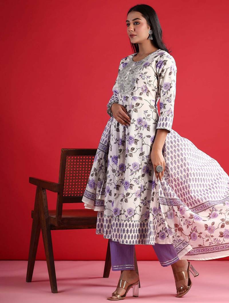 Floral Empire Sequinned Pure Cotton A-Line Kurta with Trousers & Dupatta