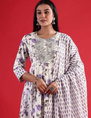 Floral Empire Sequinned Pure Cotton A-Line Kurta with Trousers & Dupatta 5